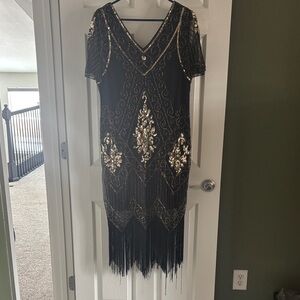 Black Midi Dress with Gold Sequin Detailing and Fringe Hem